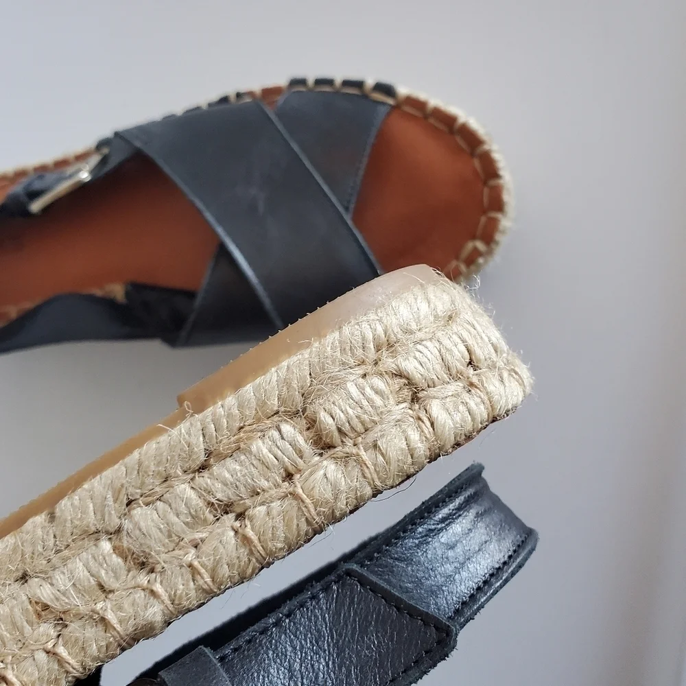Alohas Crossed Black Leather Espadrilles Sandals Platform Made in Spain Size 36